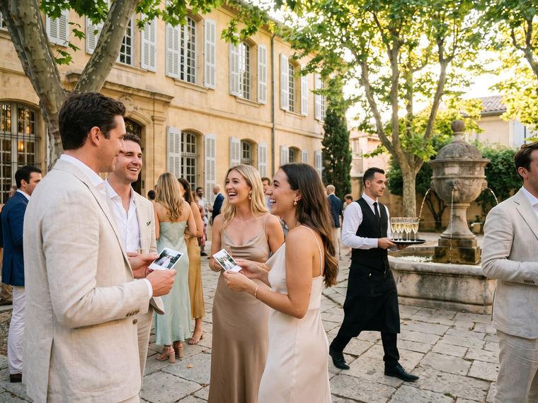 Invités qui trinquent et rient dans le jardin d’une bastide du pays d’Aix, sous les platanes, au coucher du soleil