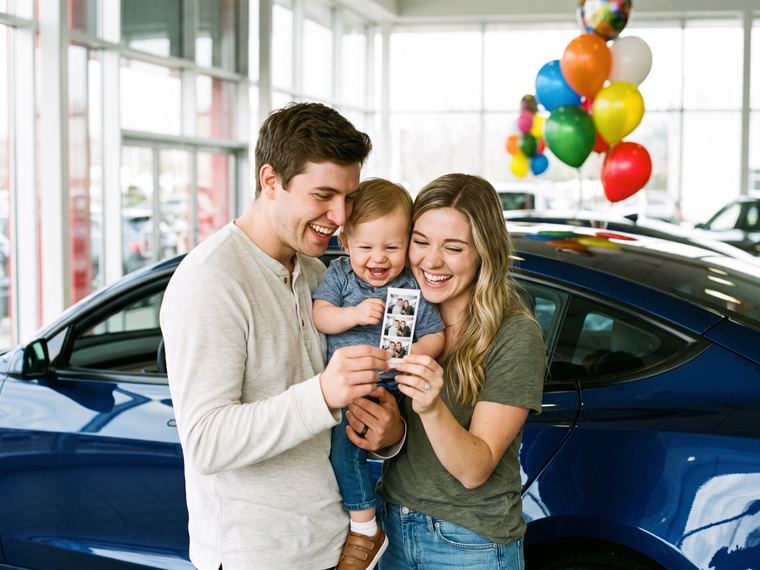 Jeune couple et son bébé qui rient devant une bande de photos, voiture neuve bleue et ballons dans le showroom