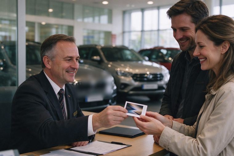 Vendeur assis à son bureau qui tend un tirage photo à un couple souriant, dans une concession automobile
