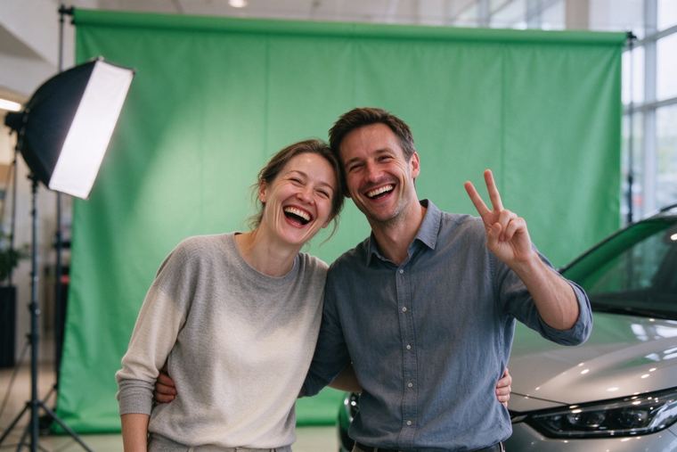 Couple souriant qui pose devant un fond vert installé au milieu d’un showroom automobile lumineux