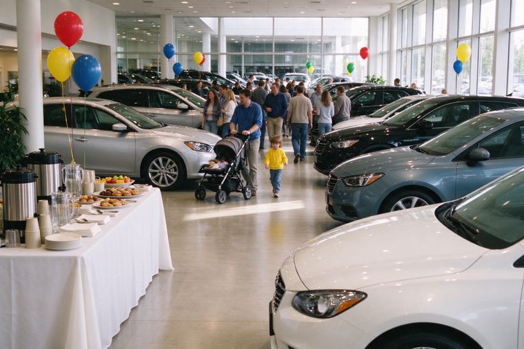 Journée portes ouvertes animée dans un showroom, des familles circulent entre les voitures neuves autour d’un buffet