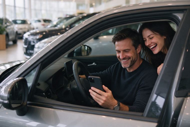 Homme au volant d’une voiture neuve qui regarde son téléphone, sa compagne rit appuyée à la portière ouverte