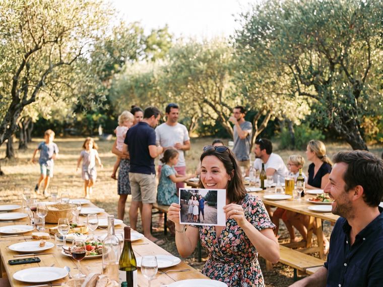 Journée familiale d’été sous les oliviers, longues tables dressées, une femme montre en riant un tirage photo à son voisin