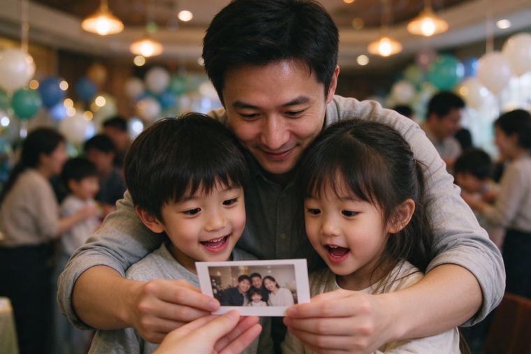 Père accroupi avec ses deux enfants émerveillés qui découvrent leur tirage photo tout juste imprimé