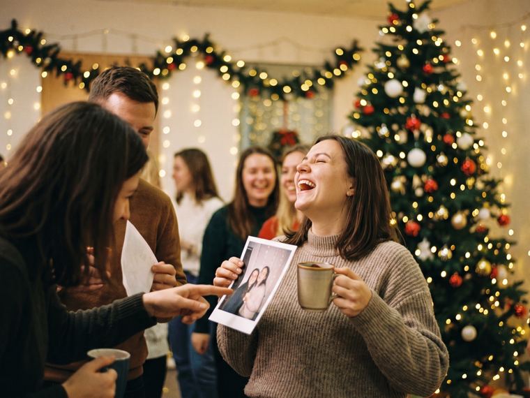 Salariés qui discutent près d’un grand sapin décoré, une femme tient un tirage photo et une tasse fumante