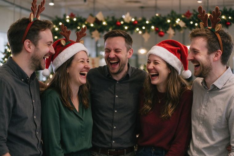 Collègues coiffés de bonnets de Père Noël et de serre-têtes à bois de renne qui rient ensemble