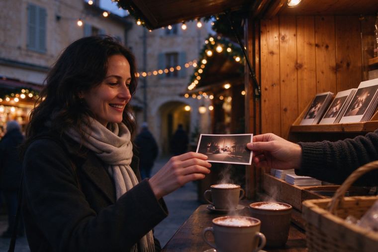 Femme souriante qui reçoit un tirage photo devant un chalet de marché de Noël, dans un village provençal