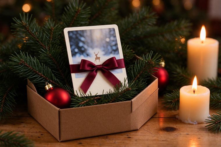 Tirage photo noué d’un ruban dans une boîte cadeau, entouré de branches de sapin et de bougies allumées