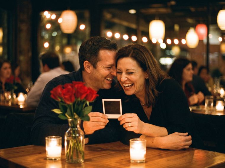Couple qui rit en regardant un tirage photo à une table de restaurant éclairée aux chandelles, entre des roses rouges