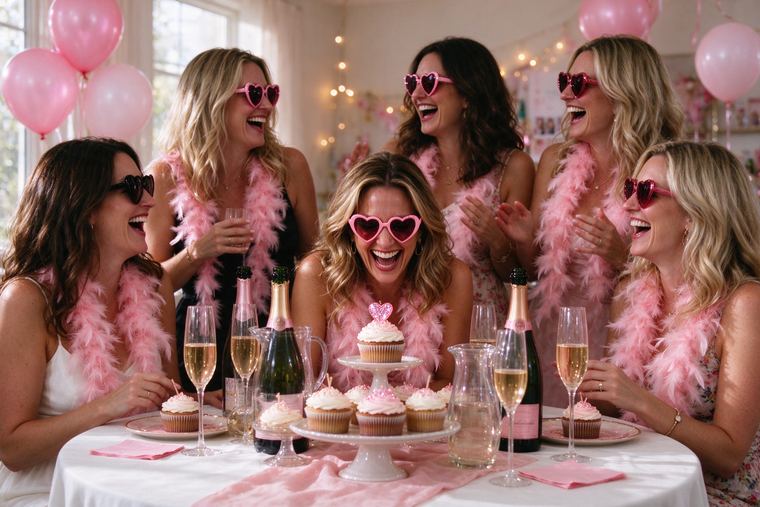 Amies qui portent des lunettes en forme de cœur et des boas roses, réunies autour d’une table de cupcakes