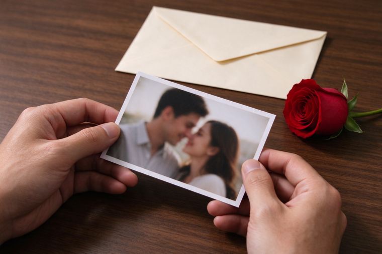Mains qui tiennent la photo imprimée d’un couple, à côté d’une rose rouge et d’une enveloppe