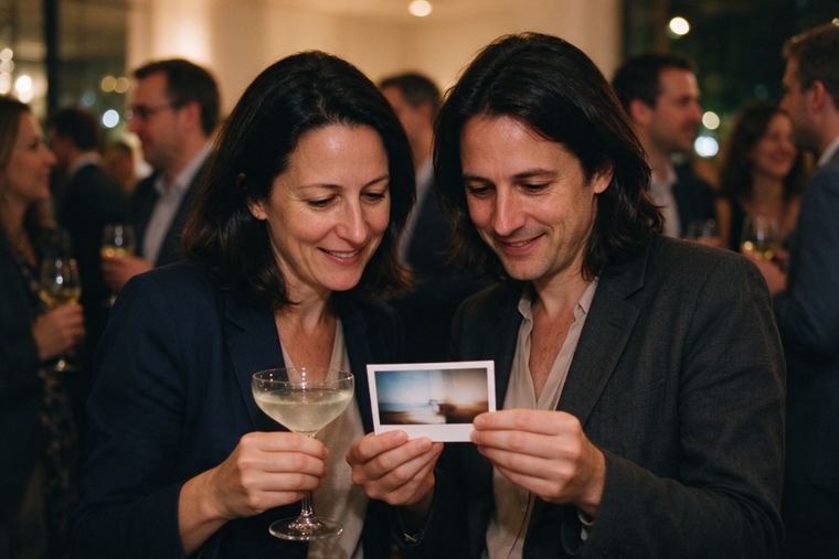 Deux collègues en tenue de soirée comparent un tirage photo en riant, verre à la main, pendant un cocktail