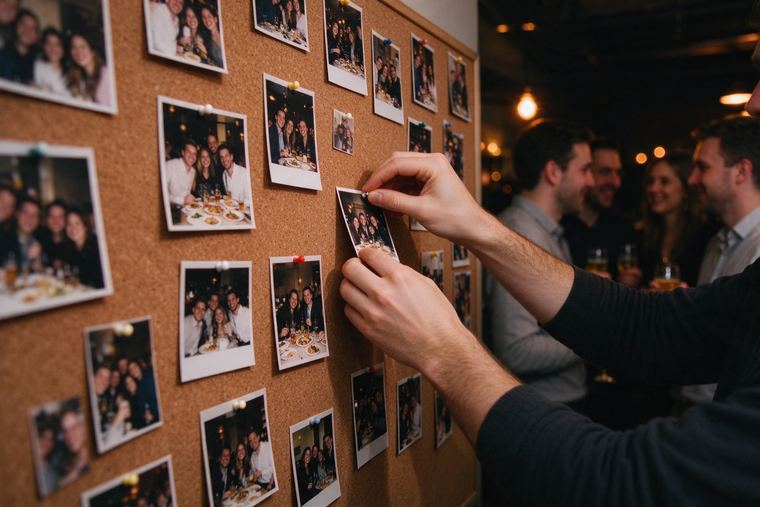 Mains qui épinglent des tirages photo de soirée sur un grand panneau en liège