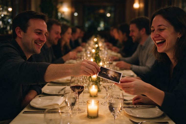 Dîner aux chandelles entre collègues, un homme tend un tirage photo à une collègue qui rit