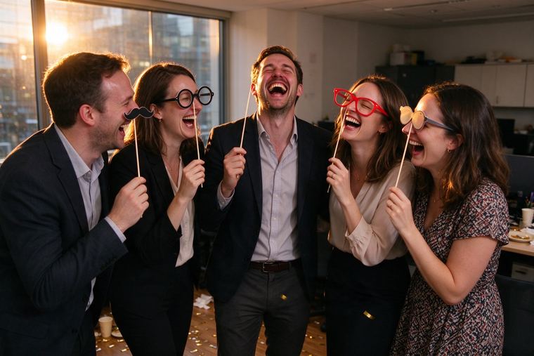Collègues avec fausses moustaches et grosses lunettes sur bâtonnets qui éclatent de rire ensemble