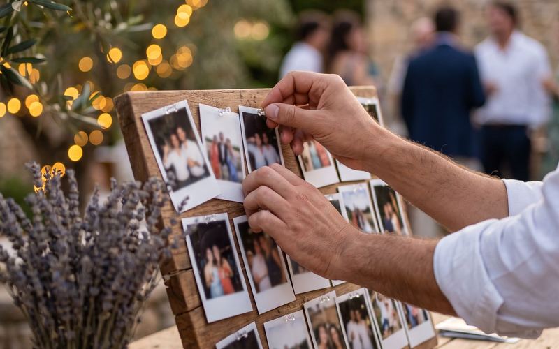 Invité qui épingle sa photo sur un livre d’or lors d’un anniversaire en plein air