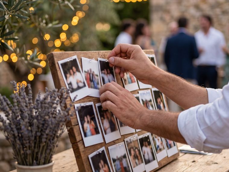 Invité qui accroche les tirages de la soirée sur un tableau en bois, au milieu d’une fête d’anniversaire en plein air sous des guirlandes lumineuses, avec un bouquet de lavande et un olivier