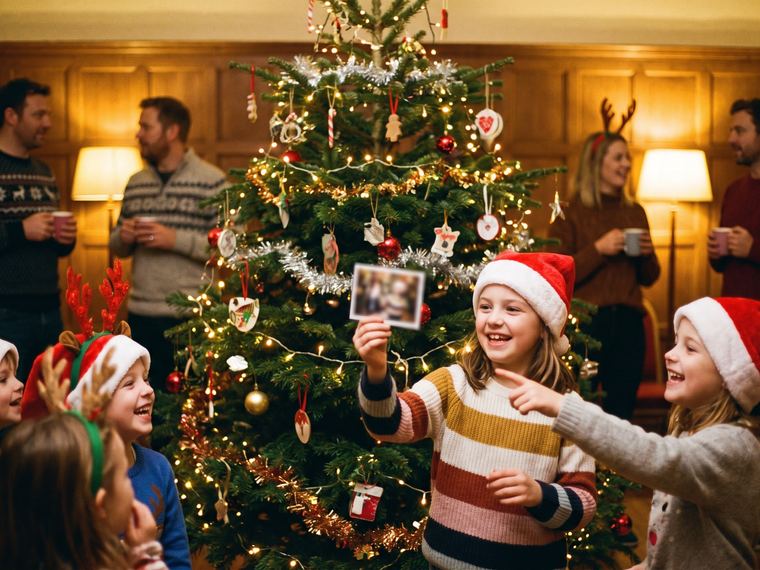 Enfants coiffés de bonnets de Père Noël et de serre-têtes à bois de renne qui rient devant un grand sapin décoré, dans une salle aux boiseries chaleureuses, une fillette brandissant son tirage photo pendant que les parents discutent une tasse à la main