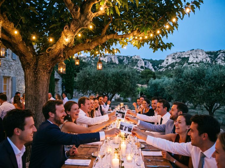 Invités qui posent en riant pour une photo souvenir, le soir, dans la cour d’un mas en pierre des Alpilles décoré pour un mariage