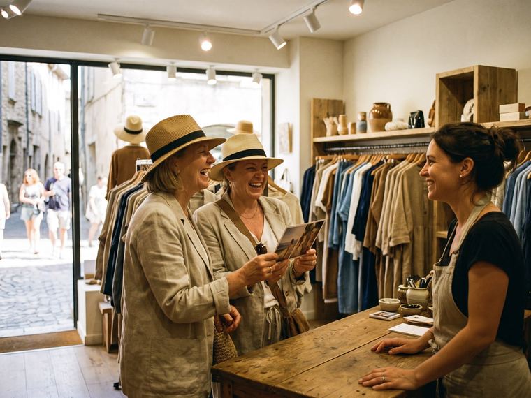 Deux clientes en chapeau de paille rient au comptoir en bois d’une boutique de vêtements, un tirage photo à la main, face à la vendeuse souriante, avec la rue ensoleillée du village derrière la vitrine