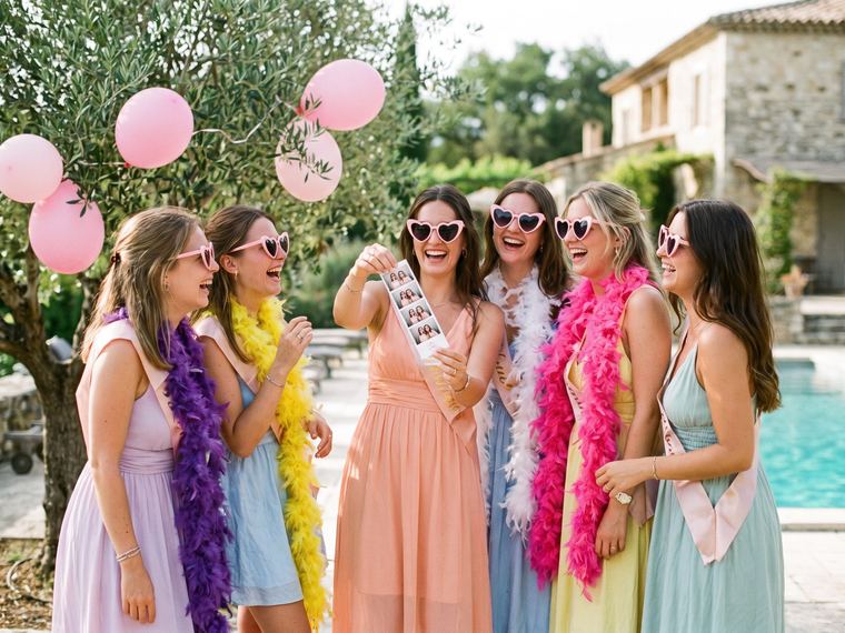 Groupe de copines en robes claires et lunettes de soleil qui lèvent leurs verres en riant au bord d’une piscine, la future mariée au centre avec une couronne de fleurs