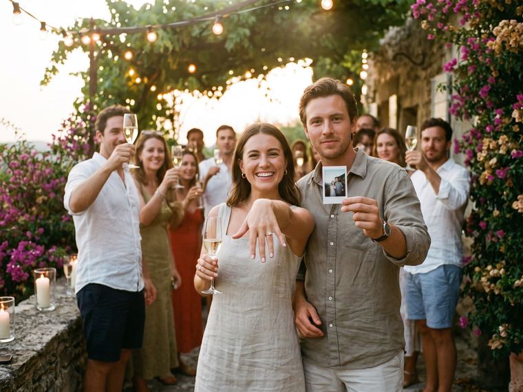 Couple de fiancés sous une guirlande lumineuse au coucher du soleil : elle montre sa bague, lui tient un tirage photo, et leurs amis lèvent leur coupe sur une terrasse fleurie de bougainvilliers