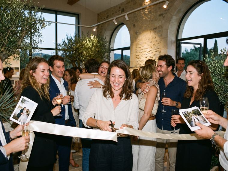 Coupure du ruban d’inauguration dans un showroom aux murs de pierre et aux oliviers, invités souriants une coupe à la main, certains tenant déjà leur photo imprimée