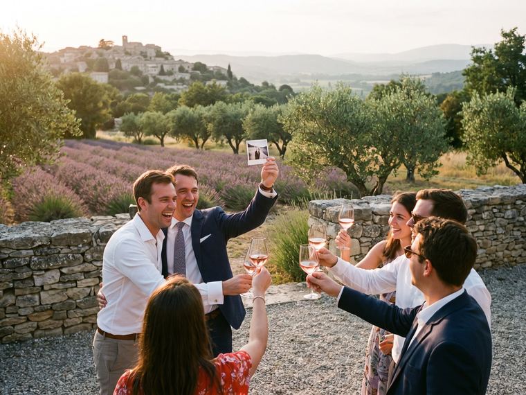 Soirée de mariage en plein air dans la cour d’une bastide du Luberon, guirlandes lumineuses au-dessus des tables et invités qui dansent