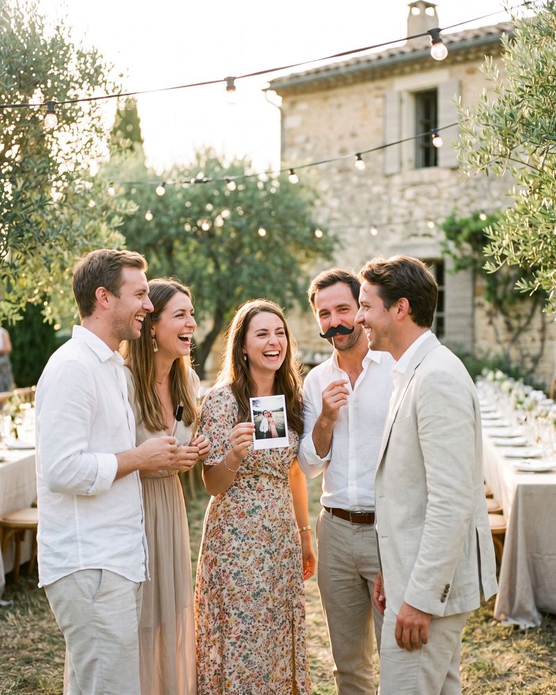 Invités d’un mariage en Provence qui rient en regardant un tirage photo, sous les oliviers