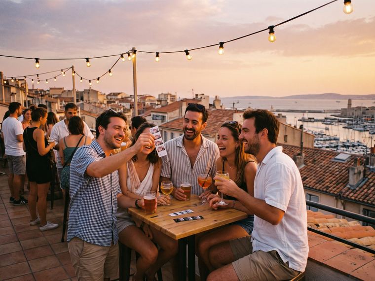Invités qui trinquent au coucher du soleil sur un rooftop de Marseille, les mâts du Vieux-Port et la mer en arrière-plan