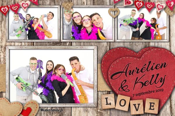 Tirage de mariage champêtre avec cœurs rouges sur bois