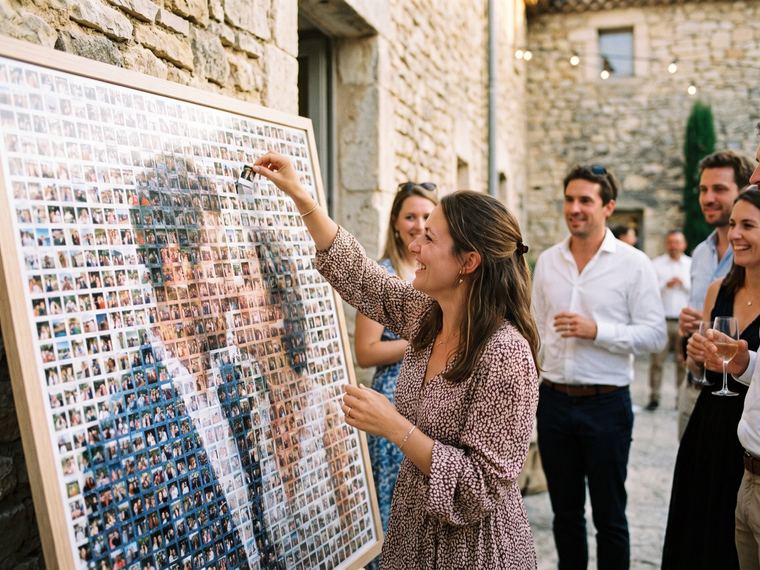 Invitée de mariage qui colle son autocollant photo sur une grande mosaïque installée dans une cour en pierre