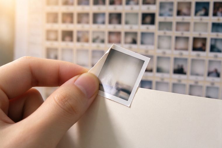 Doigts qui décollent un autocollant photo tout juste imprimé, devant un panneau de cases numérotées