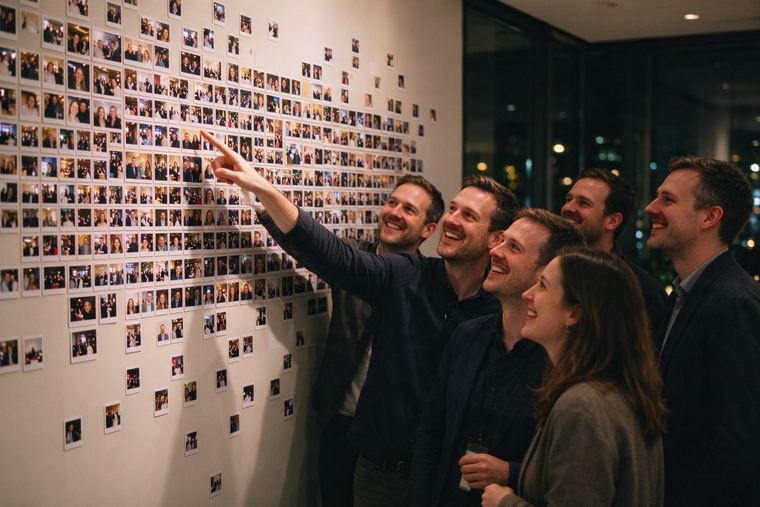 Collègues en tenue de soirée qui commentent un mur de photos à moitié rempli