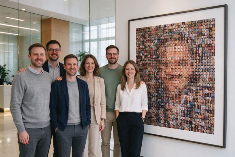 Équipe réunie devant une mosaïque photo terminée et encadrée, accrochée dans le hall de l’entreprise