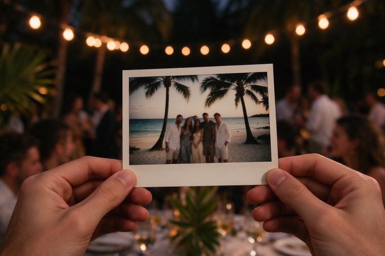 Mains qui tiennent un tirage photo où les invités apparaissent incrustés sur une plage bordée de palmiers