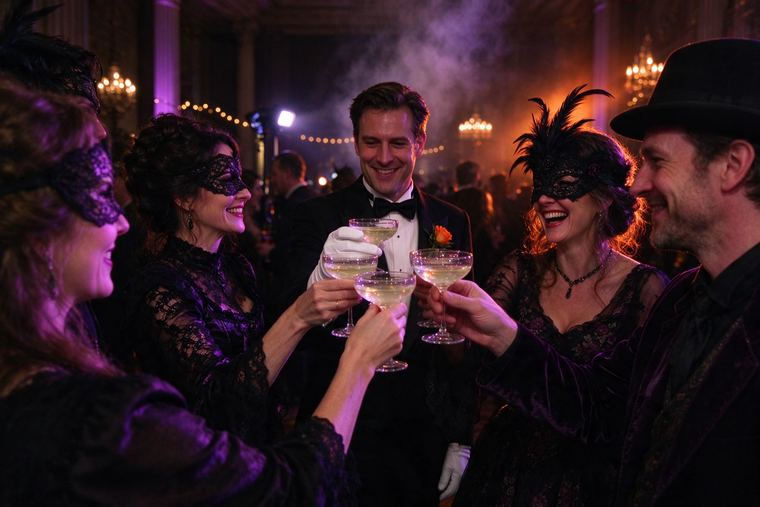 Adultes en costumes élégants et masques qui trinquent sous une lumière violette pendant une soirée d’Halloween
