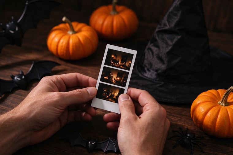 Mains qui tiennent une bande de photos d’Halloween, posée près de chauves-souris en papier et de petites citrouilles