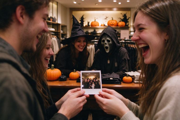 Vendeurs déguisés dans une boutique décorée pour Halloween, des clients rient en découvrant leur tirage photo