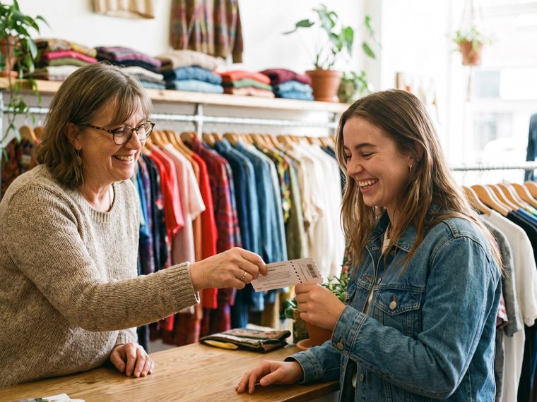Commerçante souriante qui tend une carte photo avec un bon détachable à une cliente, dans une boutique de vêtements lumineuse