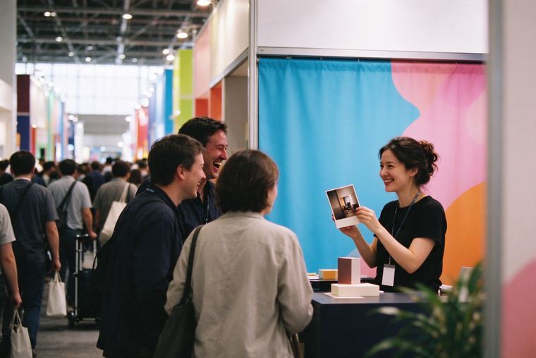 Allée animée d’un salon professionnel, visiteurs devant un stand coloré, une exposante souriante montre un tirage