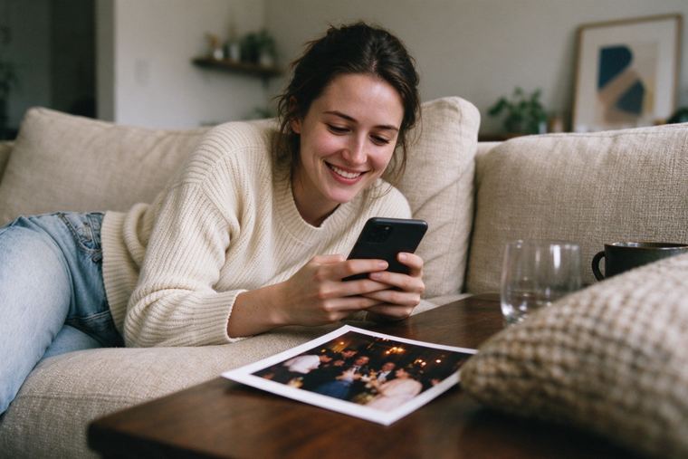Jeune femme détendue sur son canapé qui sourit à son téléphone, un tirage de soirée posé sur la table basse