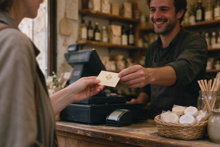 Cliente souriante revenue en magasin qui tend un bon de réduction au commerçant, au comptoir de la caisse