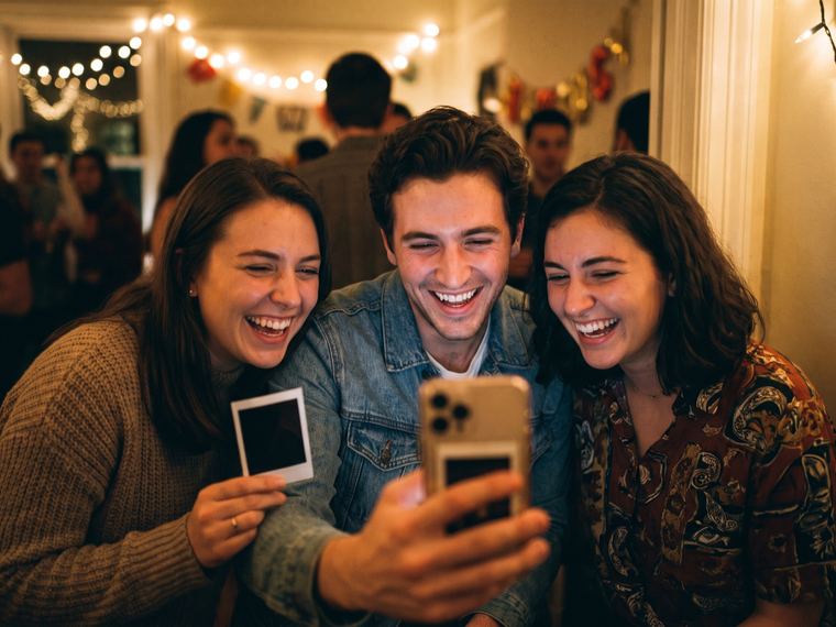 Trois amis qui éclatent de rire devant l’écran d’un téléphone, l’une tient un tirage photo à la main