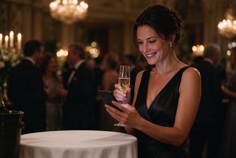 Invitée élégante qui publie depuis son téléphone, une coupe de champagne à la main, lumières de soirée en arrière-plan
