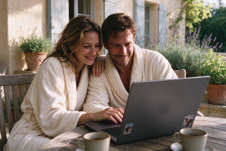 Couple en peignoir sur une terrasse provençale qui regarde les photos de la veille sur un ordinateur portable