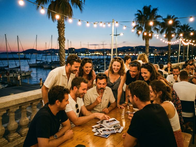 Invités qui trinquent au coucher du soleil sur une terrasse face à la rade de Toulon, voiliers au mouillage en arrière-plan