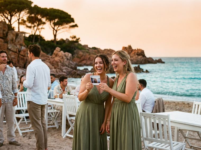 Invités qui trinquent au coucher du soleil sur la terrasse d’un domaine viticole du Var, vignes et pins en arrière-plan