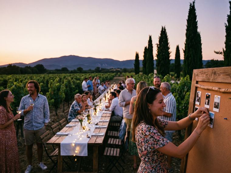Invités en tenue de fête qui rient en comparant leurs tirages photo, un soir d’été, sous les platanes d’une place de village du Vaucluse